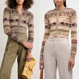 Ulla Johnson Liza Valerian Knit Patterned Tan Cardigan Sweater Size XL